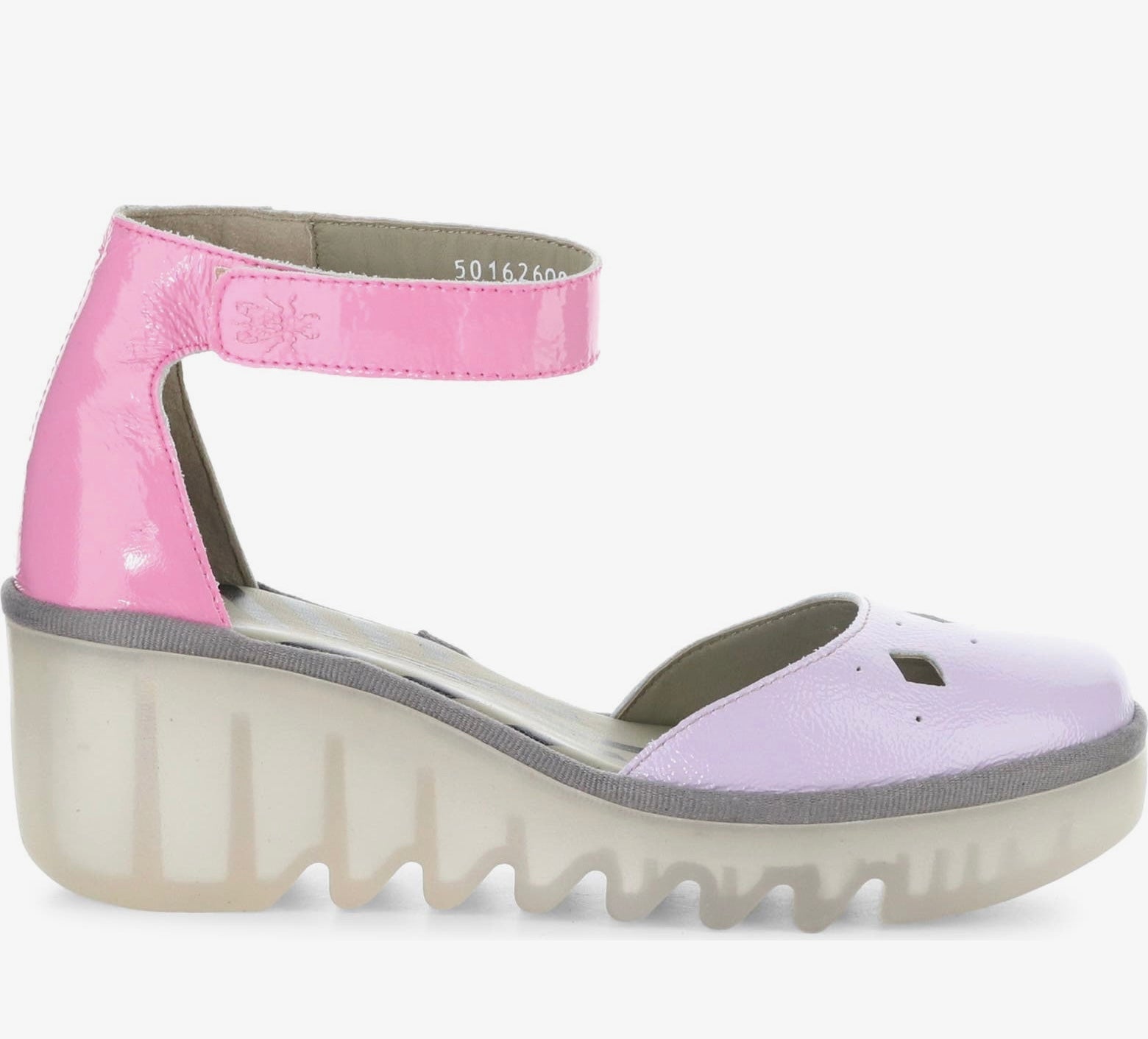 Pink and purple sandal with a transparent sole and pink ankle strap close-up