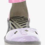 Pink and purple sandal with a transparent sole and pink ankle strap toe box