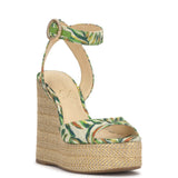 raffia and leaf wedge sandal with buckle strap closure side