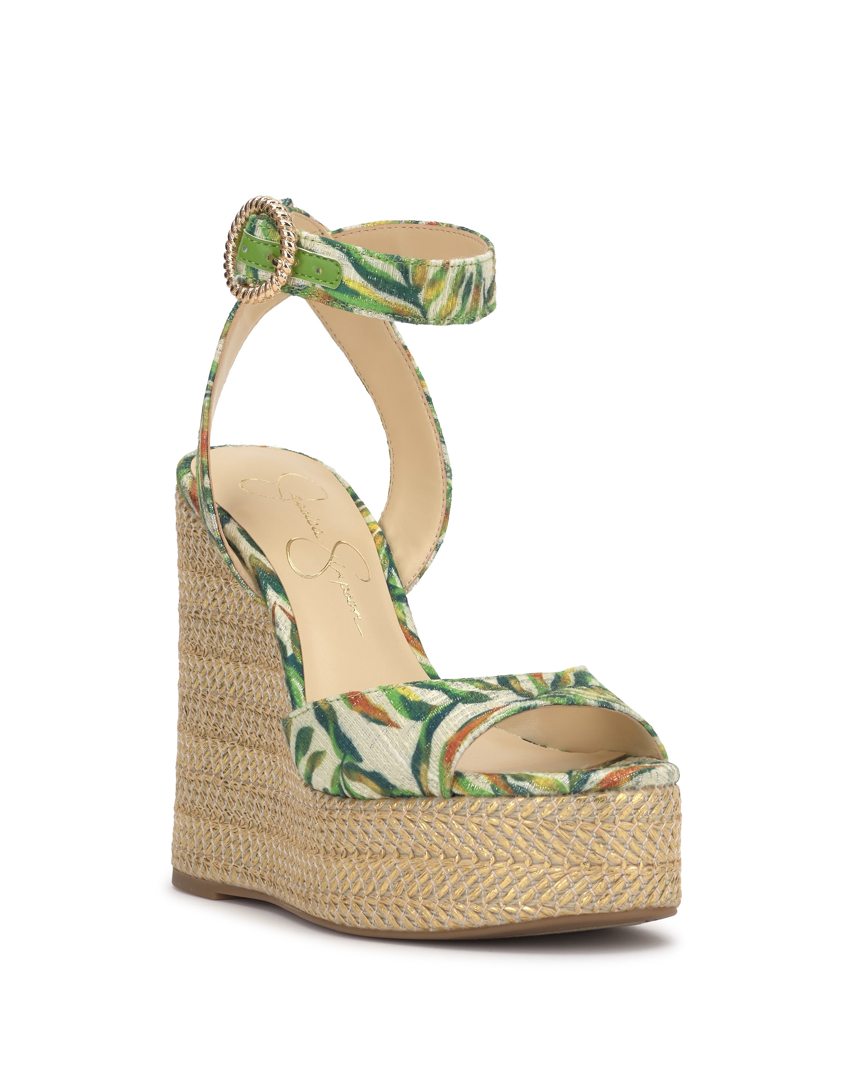 raffia and leaf wedge sandal with buckle strap closure side