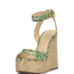 raffia and leaf wedge sandal with buckle strap closure front side profile