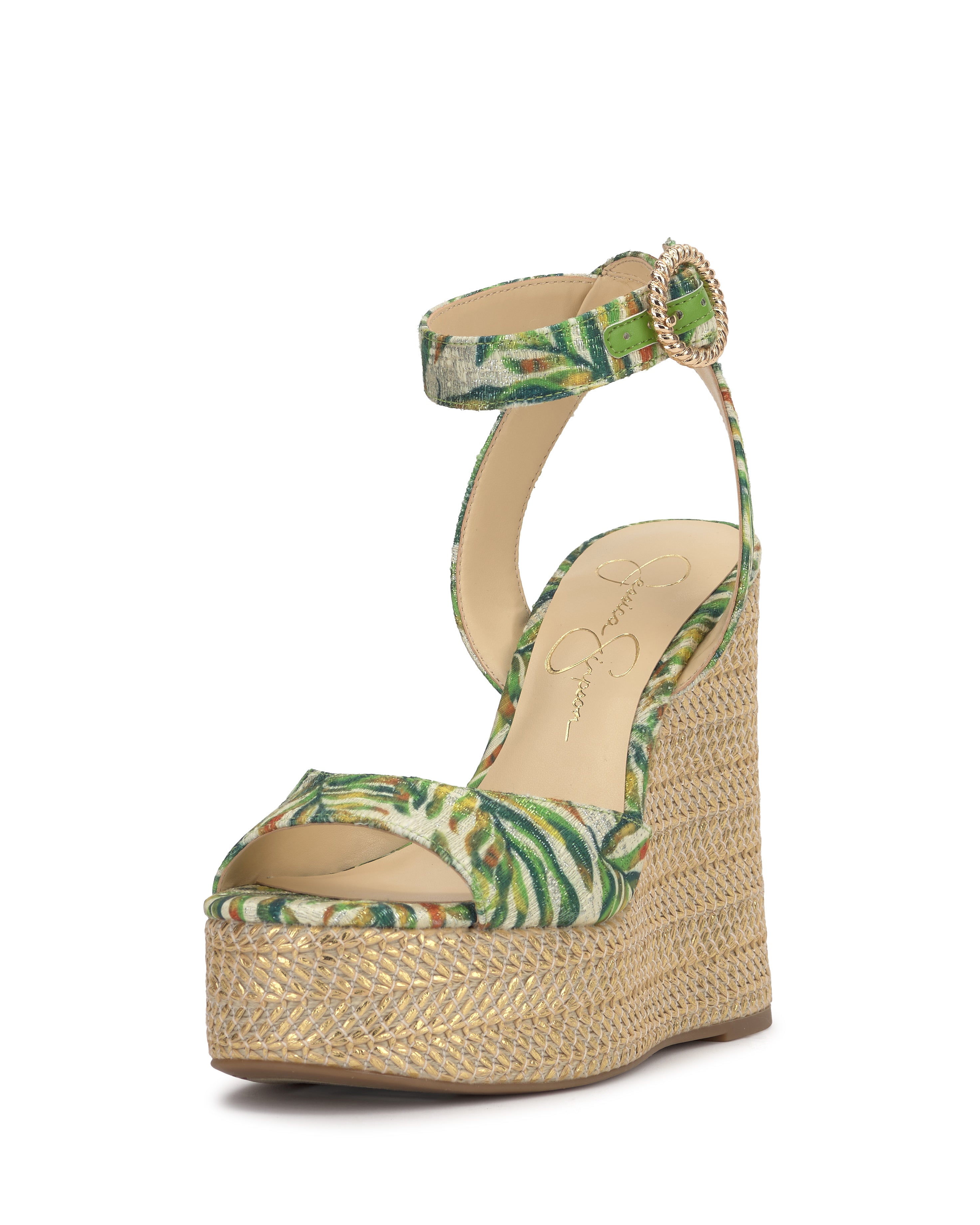 raffia and leaf wedge sandal with buckle strap closure front side profile