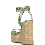 raffia and leaf wedge sandal with buckle strap closure back