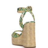 raffia and leaf wedge sandal with buckle strap closure back