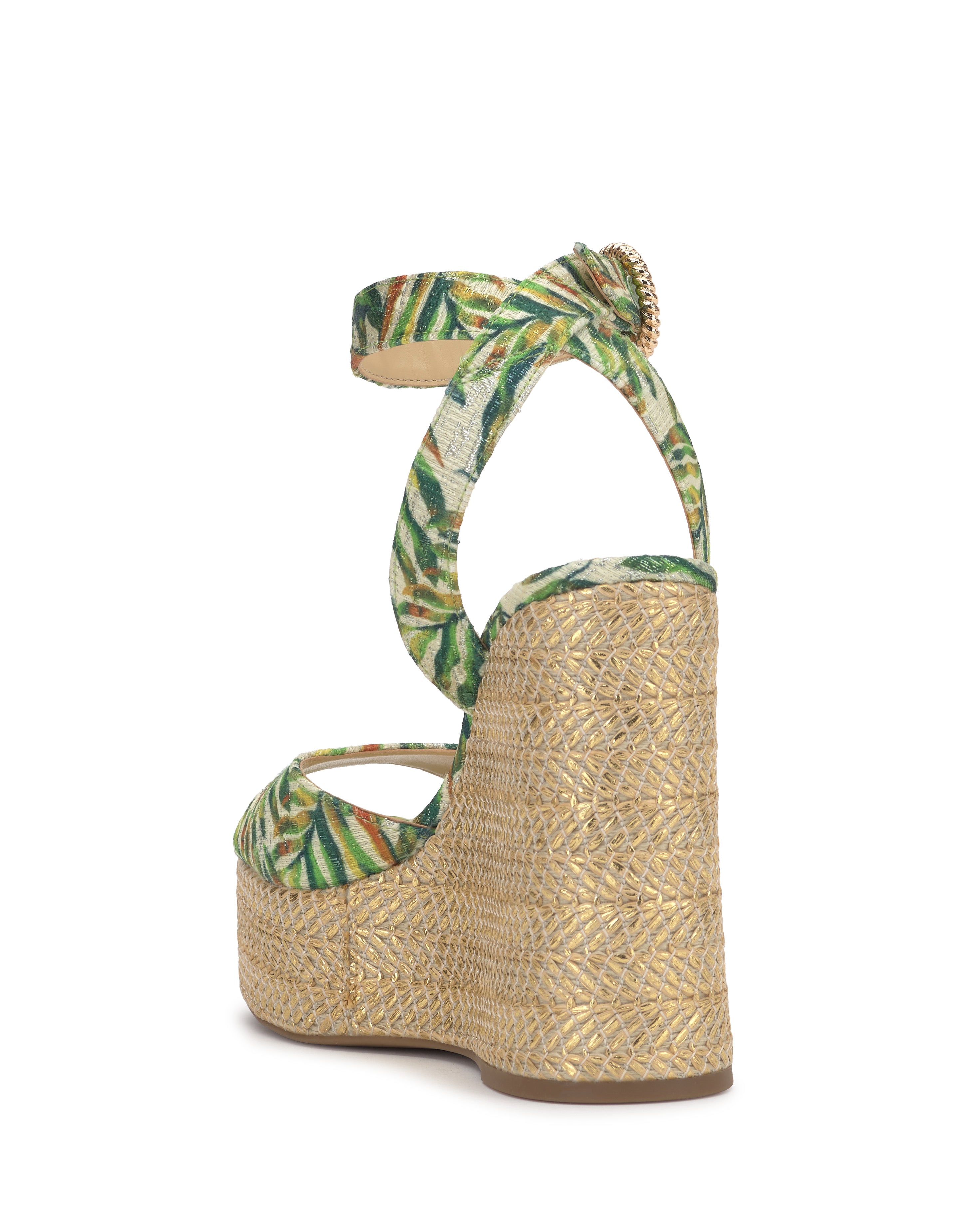 raffia and leaf wedge sandal with buckle strap closure back