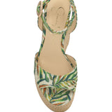 raffia and leaf wedge sandal with buckle strap closure birds eye view