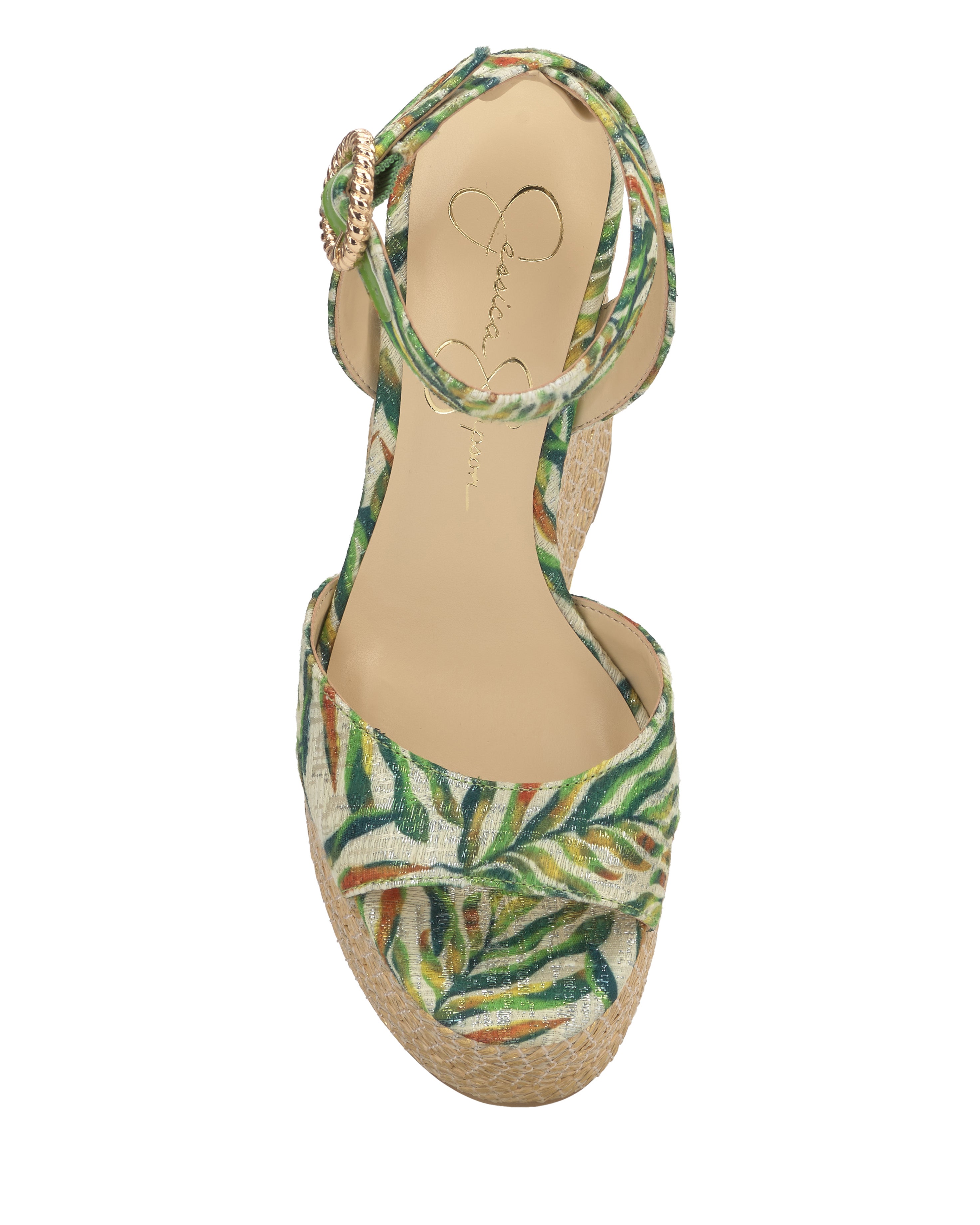 raffia and leaf wedge sandal with buckle strap closure birds eye view