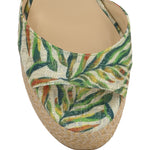 raffia and leaf wedge sandal with buckle strap closure top