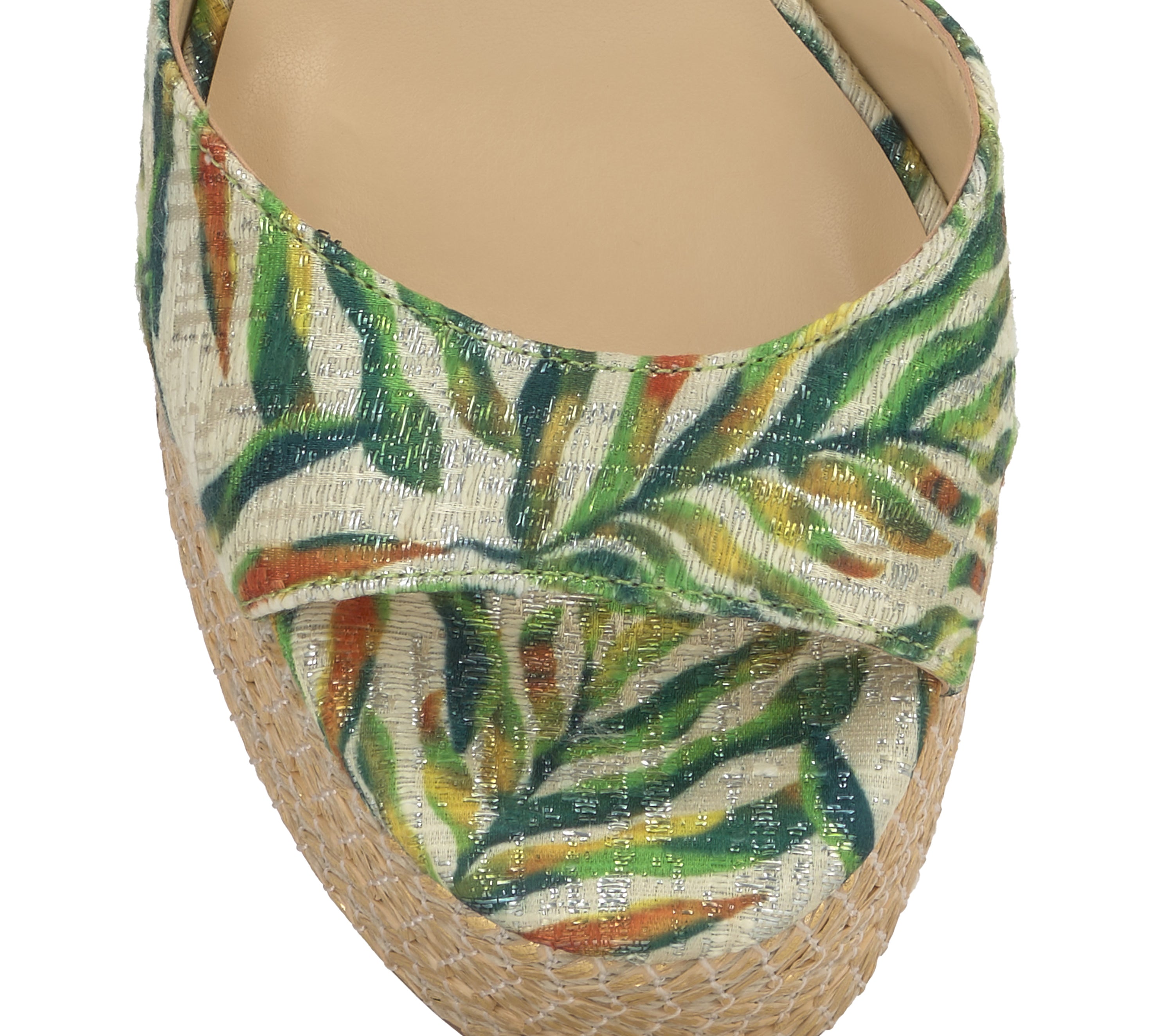 raffia and leaf wedge sandal with buckle strap closure top