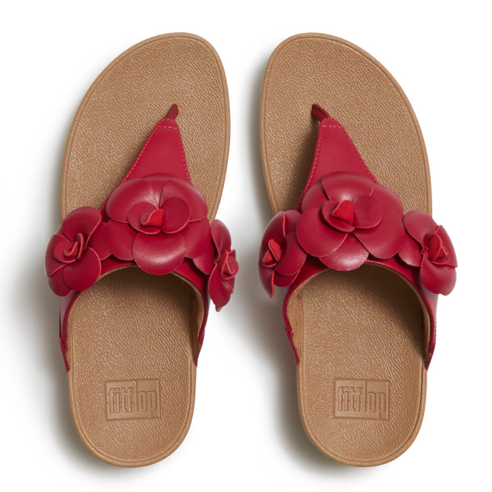 Red sandal with floral design and copper heel top view pair