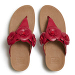 Red sandal with floral design and copper heel top view pair