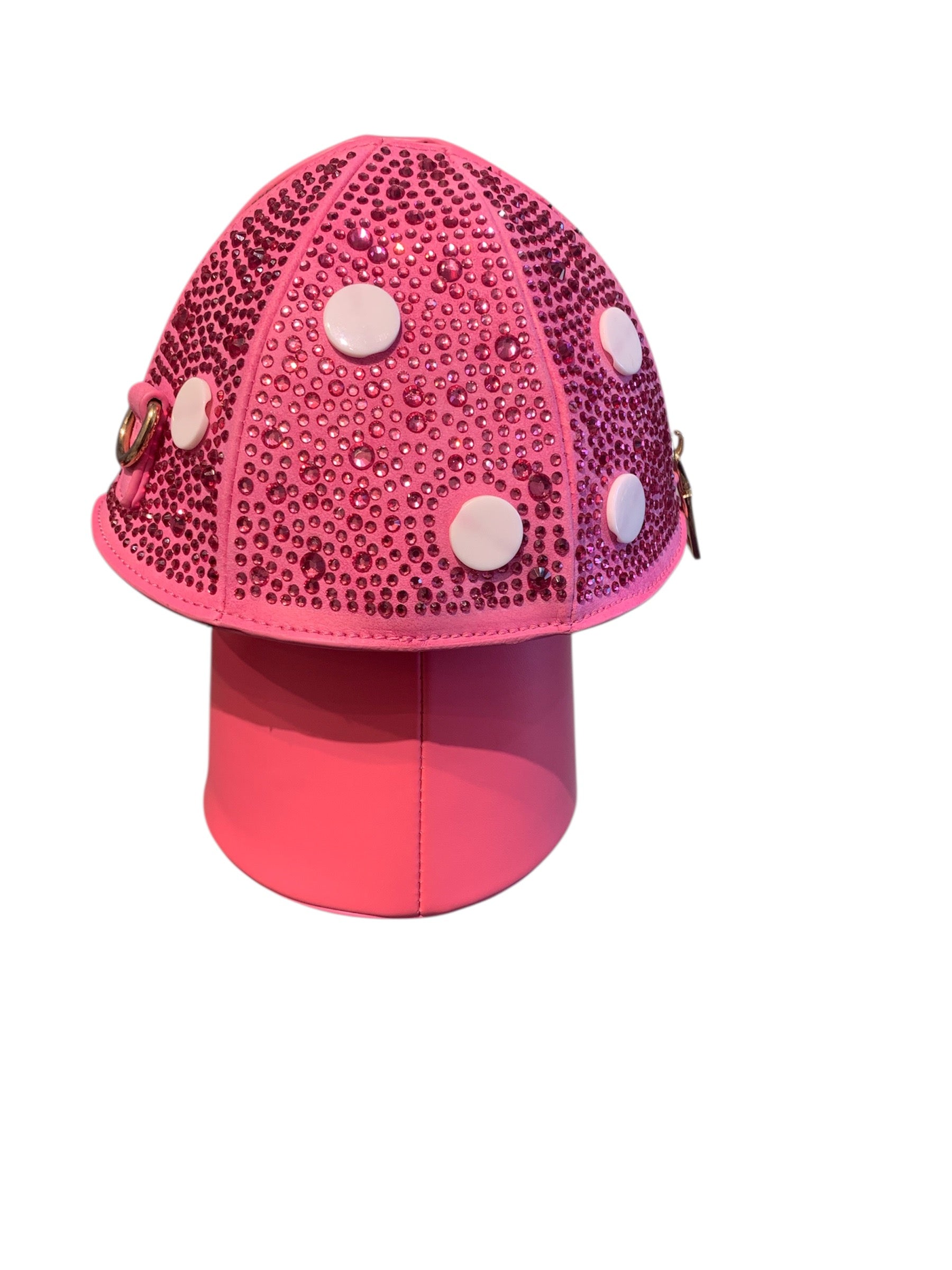 Pink mushroom cap handbag with bejeweled embellishments alt view