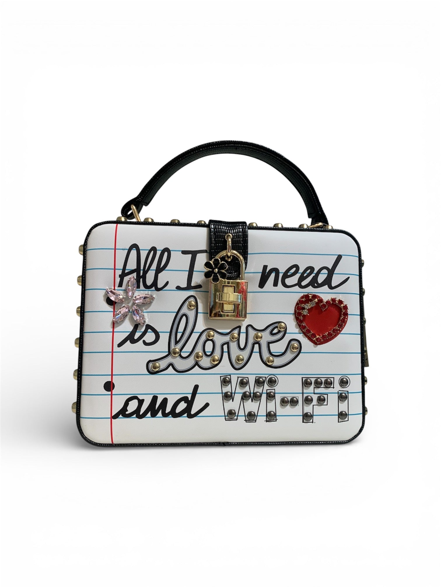 Handbag with decorative text and heart design