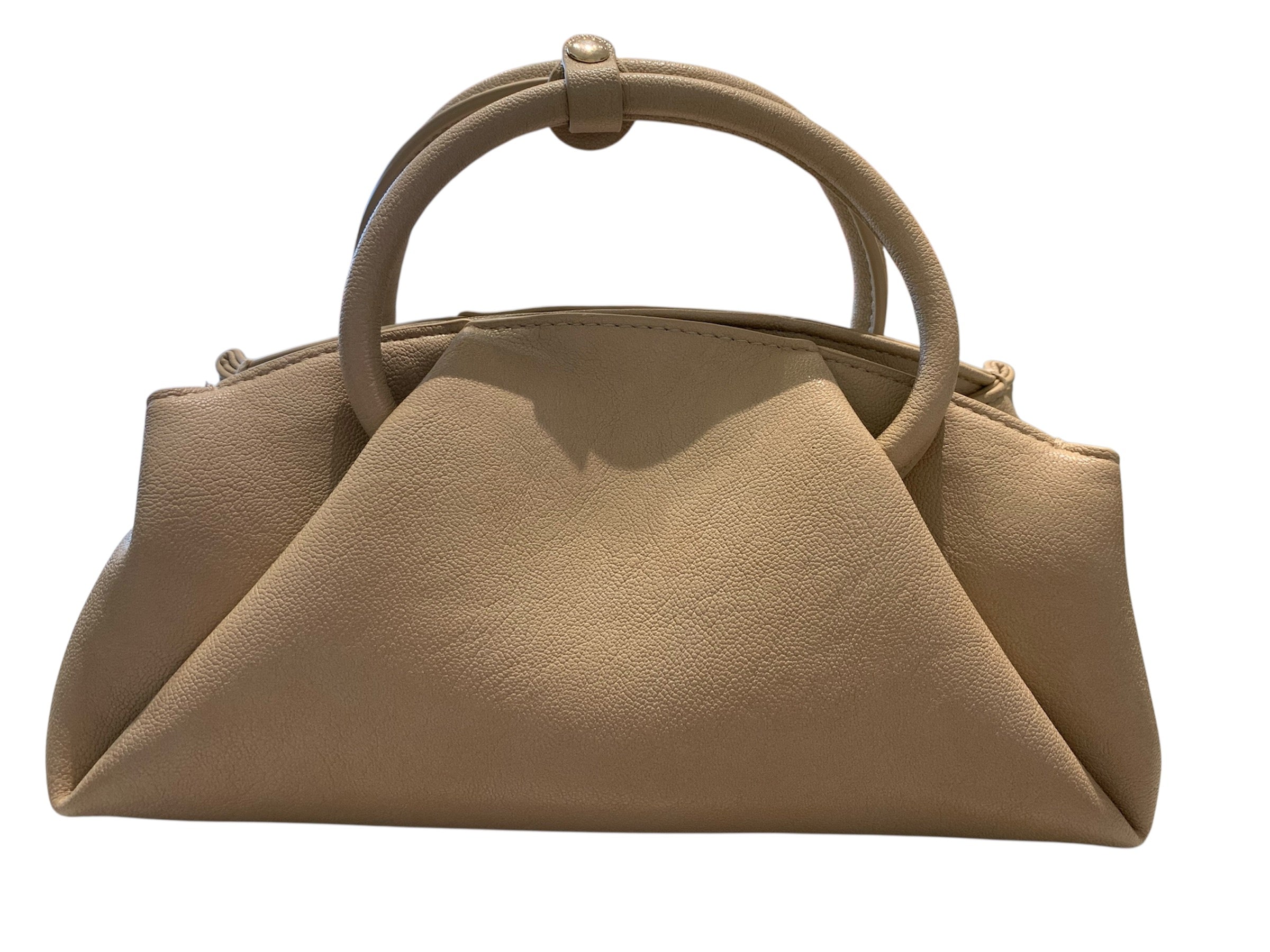Beige handbag with circular handle close-up