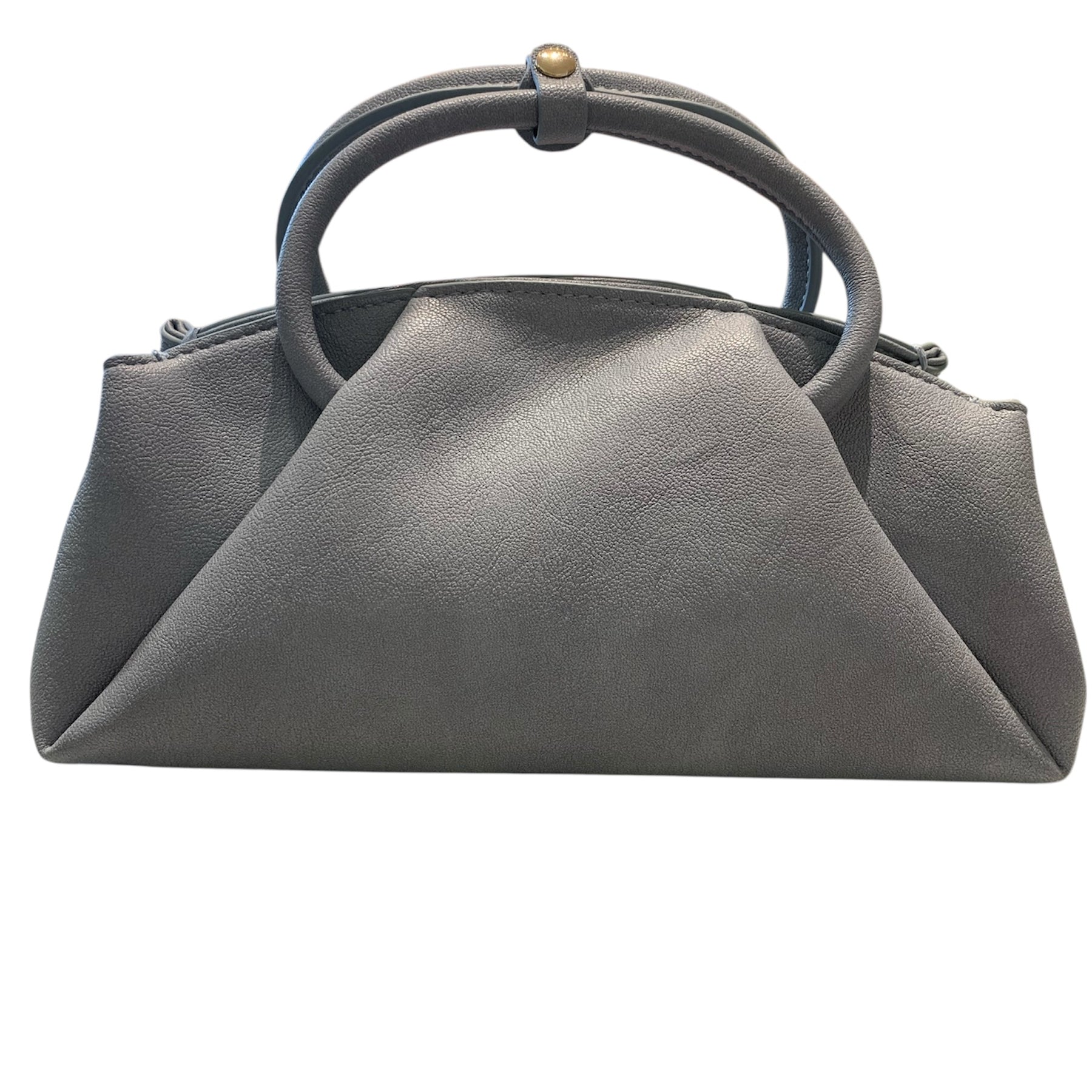 Gray handbag with circular handle close-up