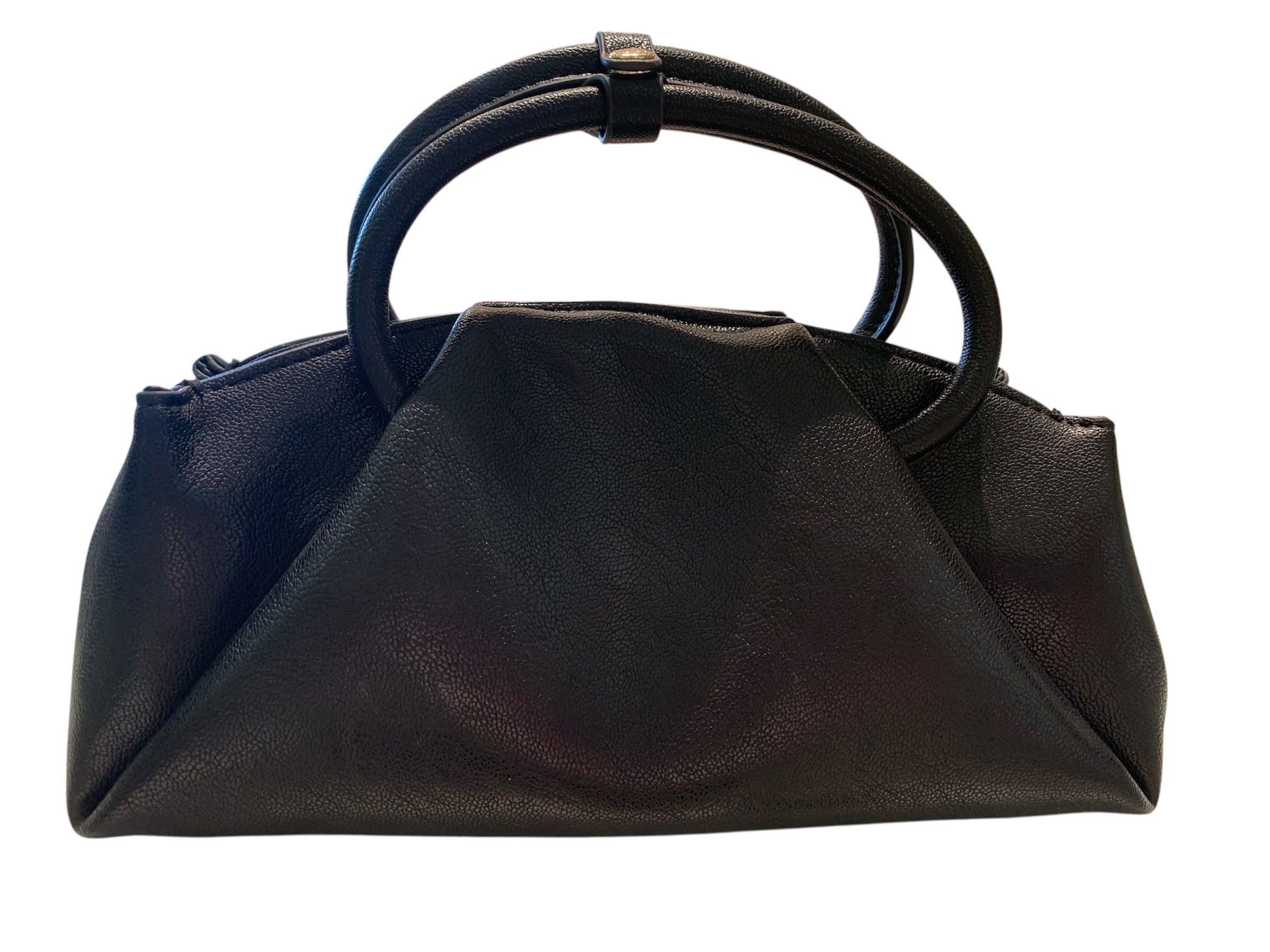 Black handbag with circular handle close-up