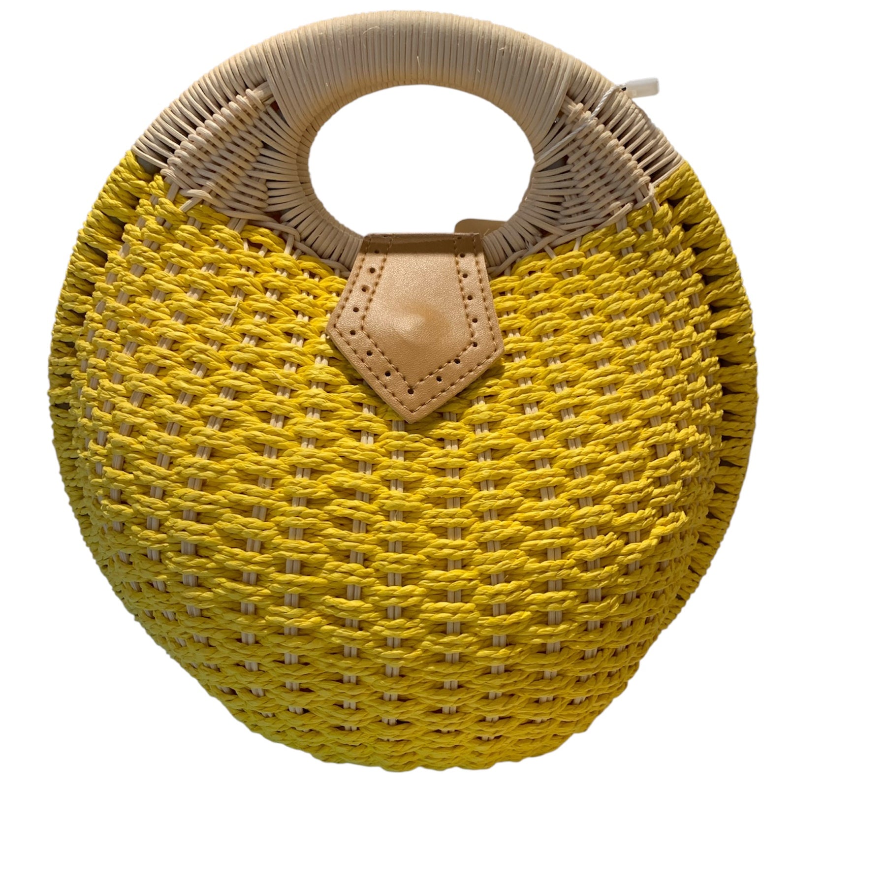 Yellow woven handbag with beige handle and flap