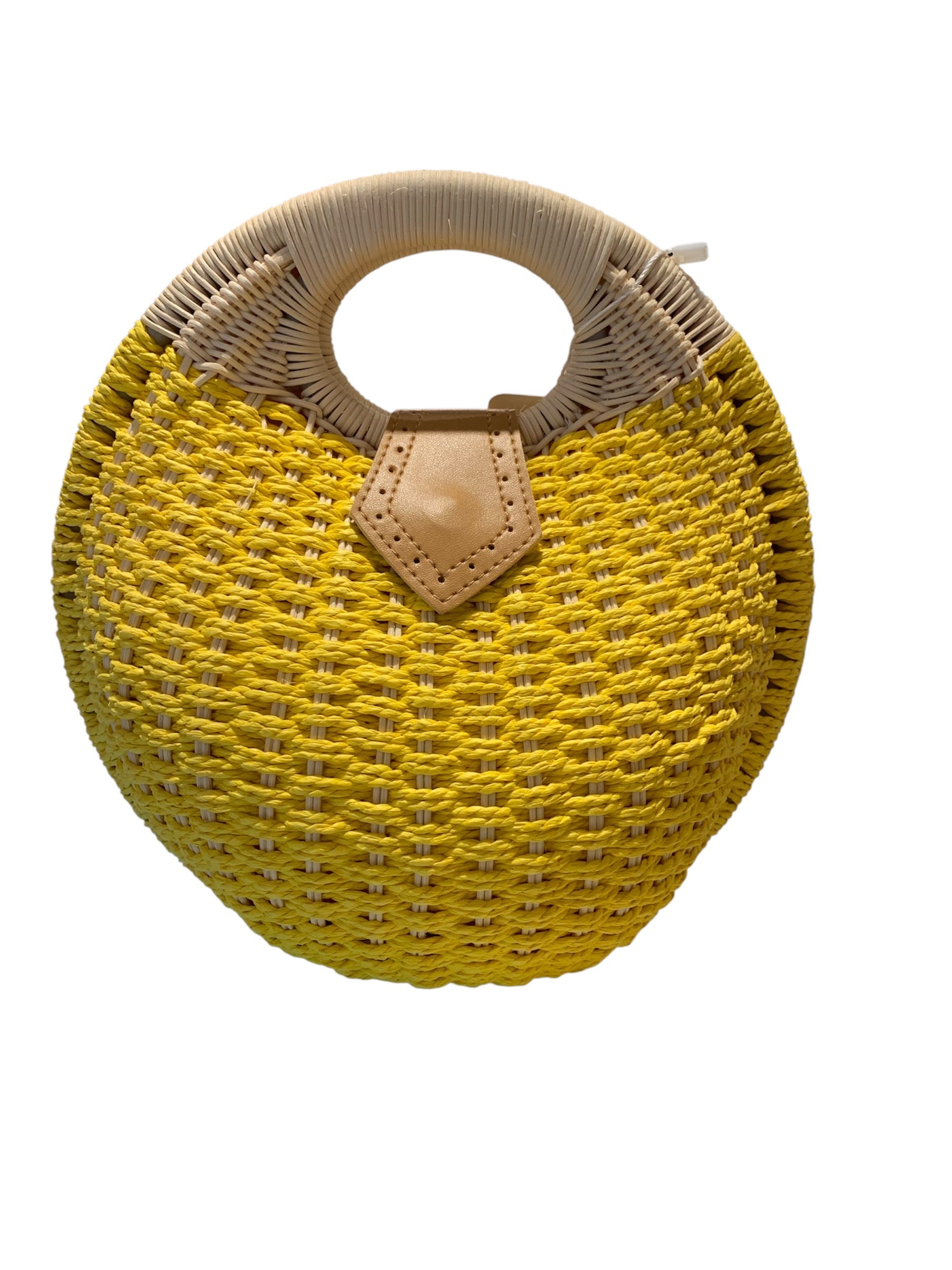 Yellow woven handbag with beige handle and flap