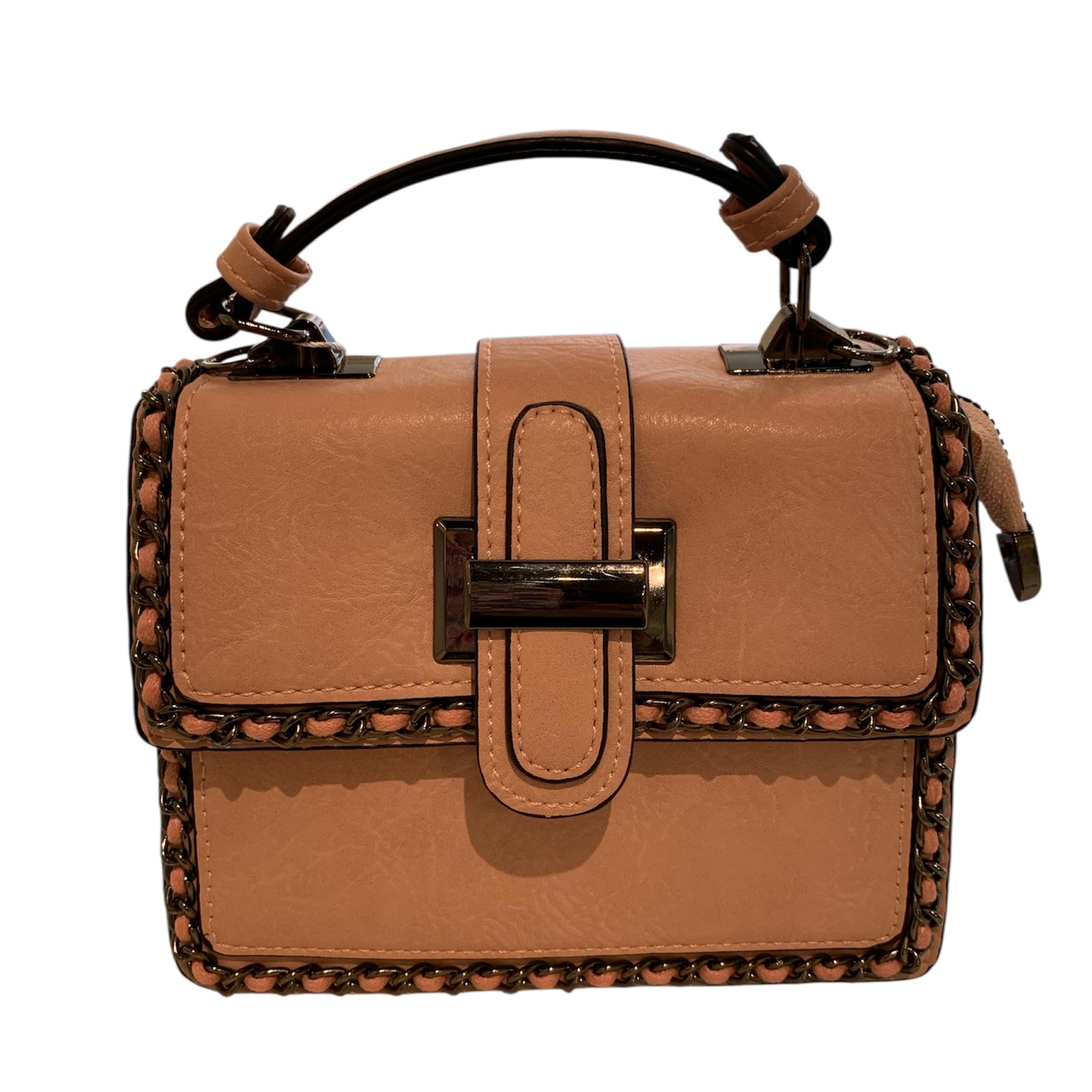 Tan handbag with decorative stitching closeup