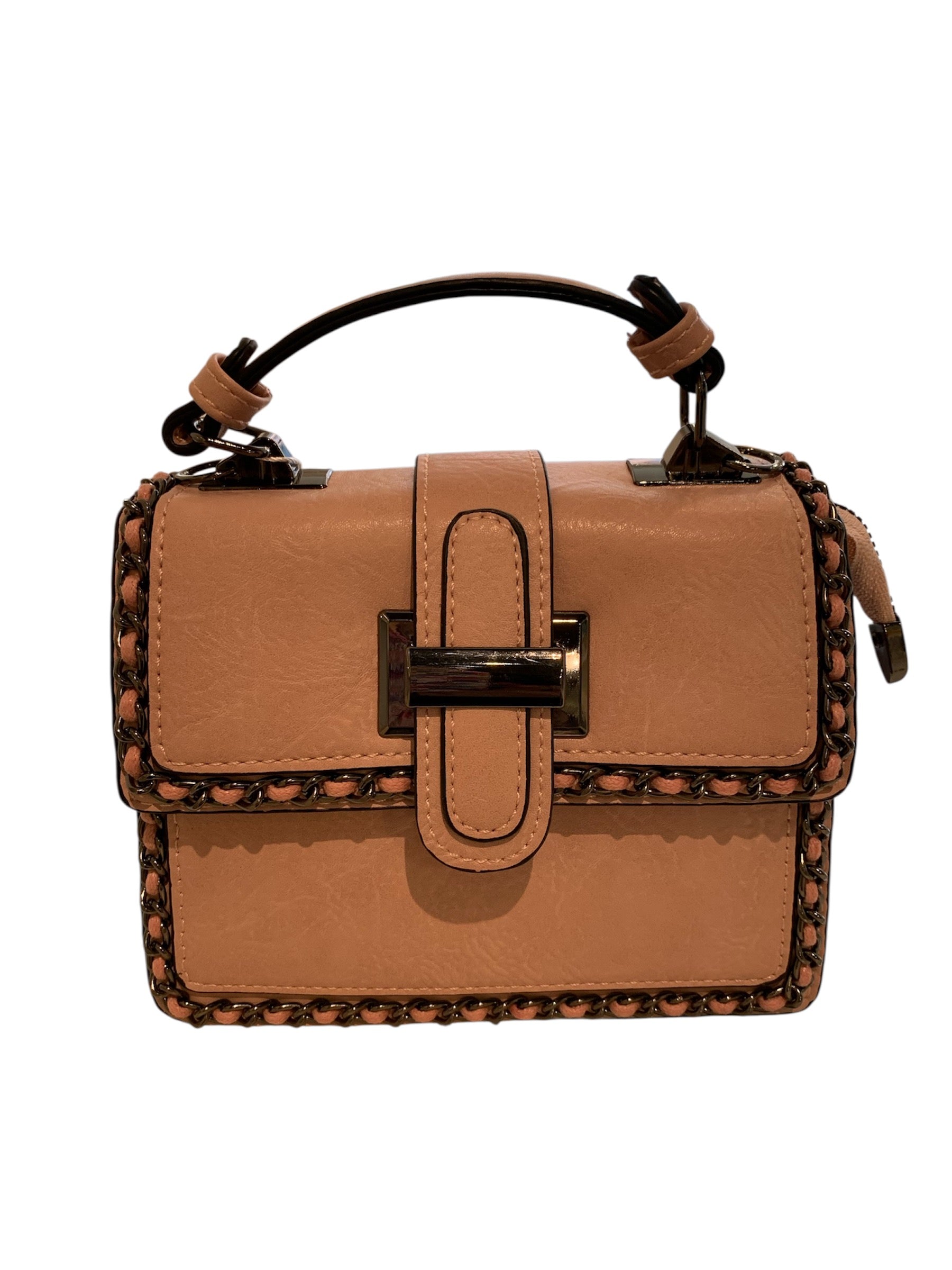 Tan handbag with decorative stitching closeup