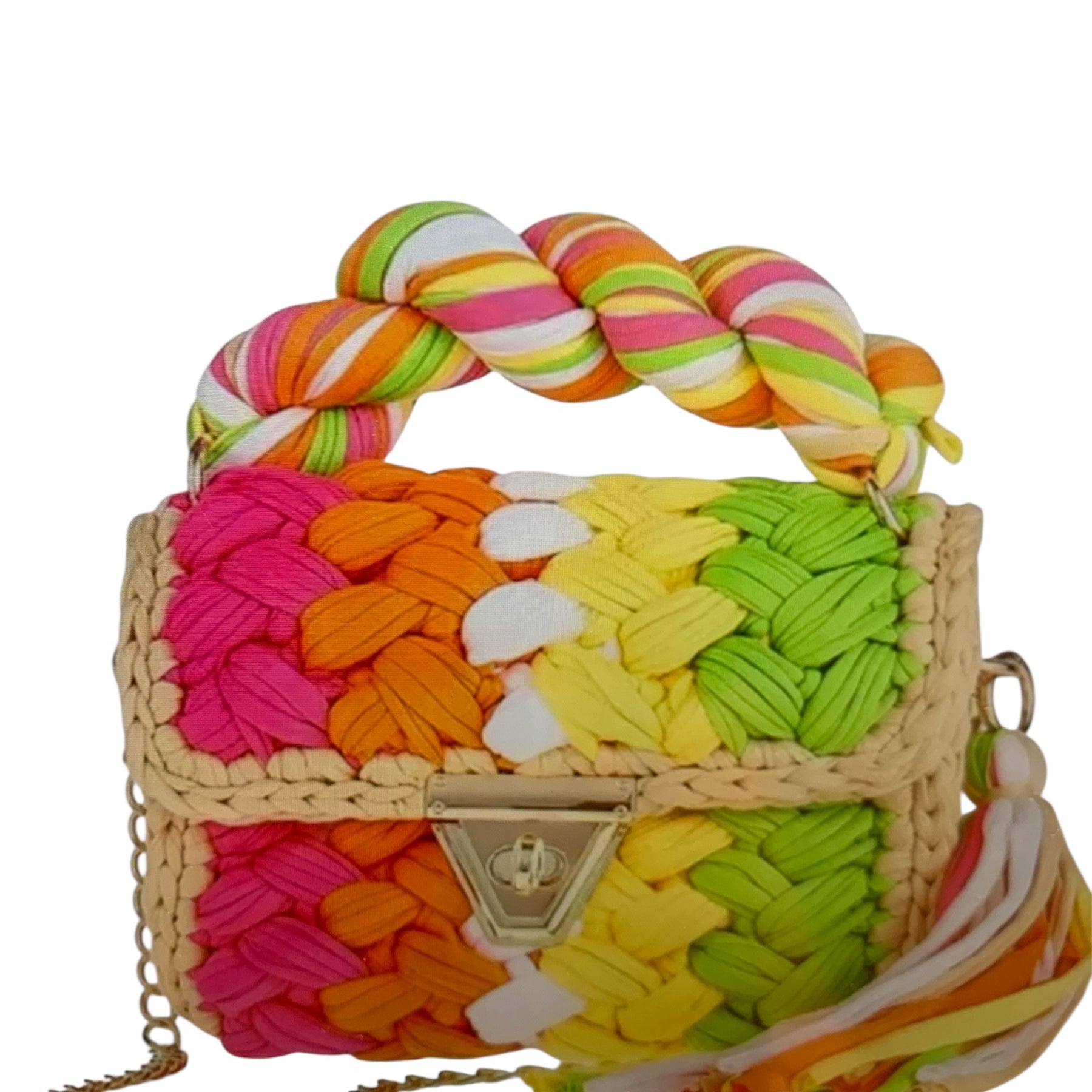 Woven tropical color handbag closeup