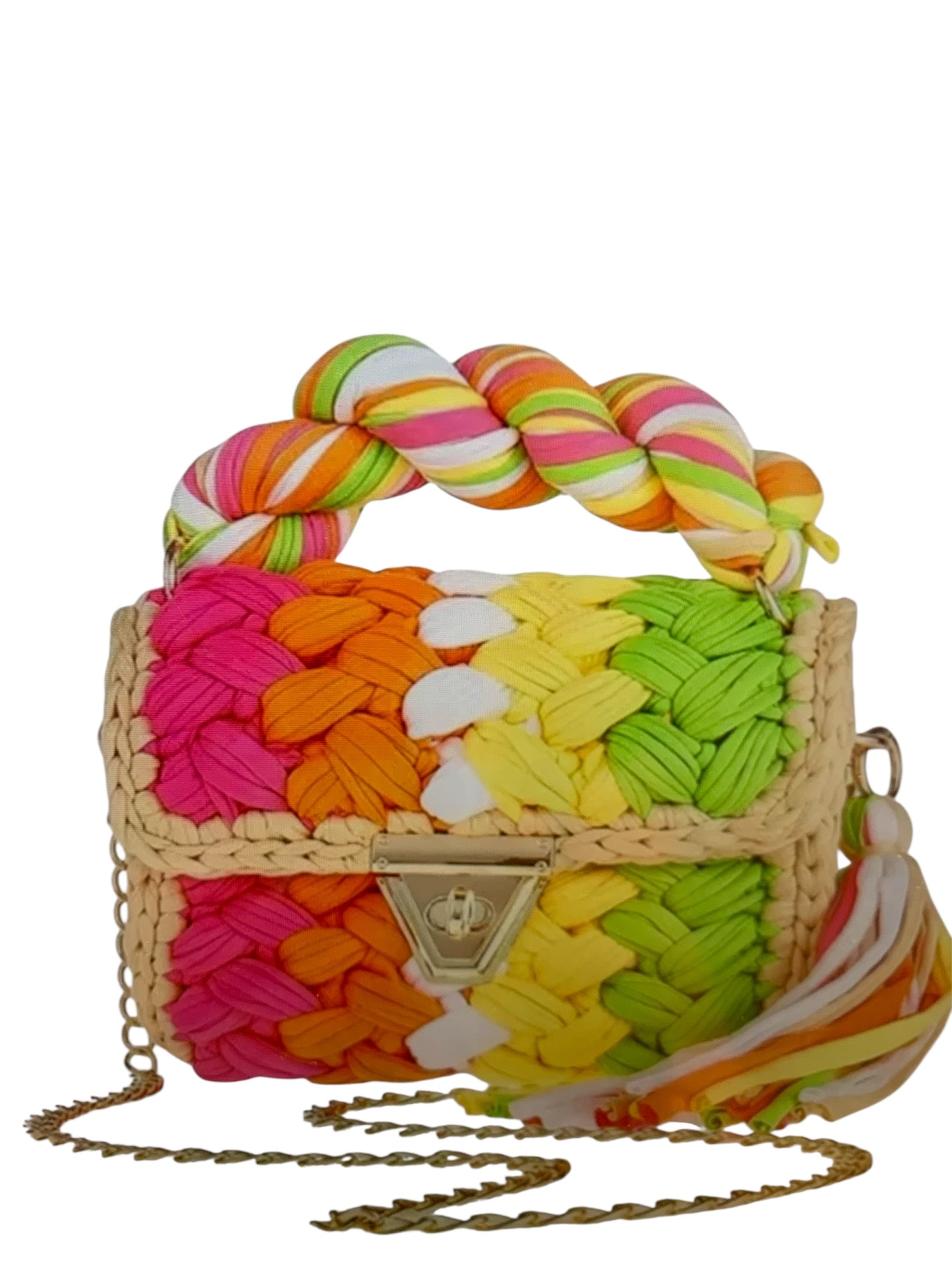 Woven tropical color handbag closeup