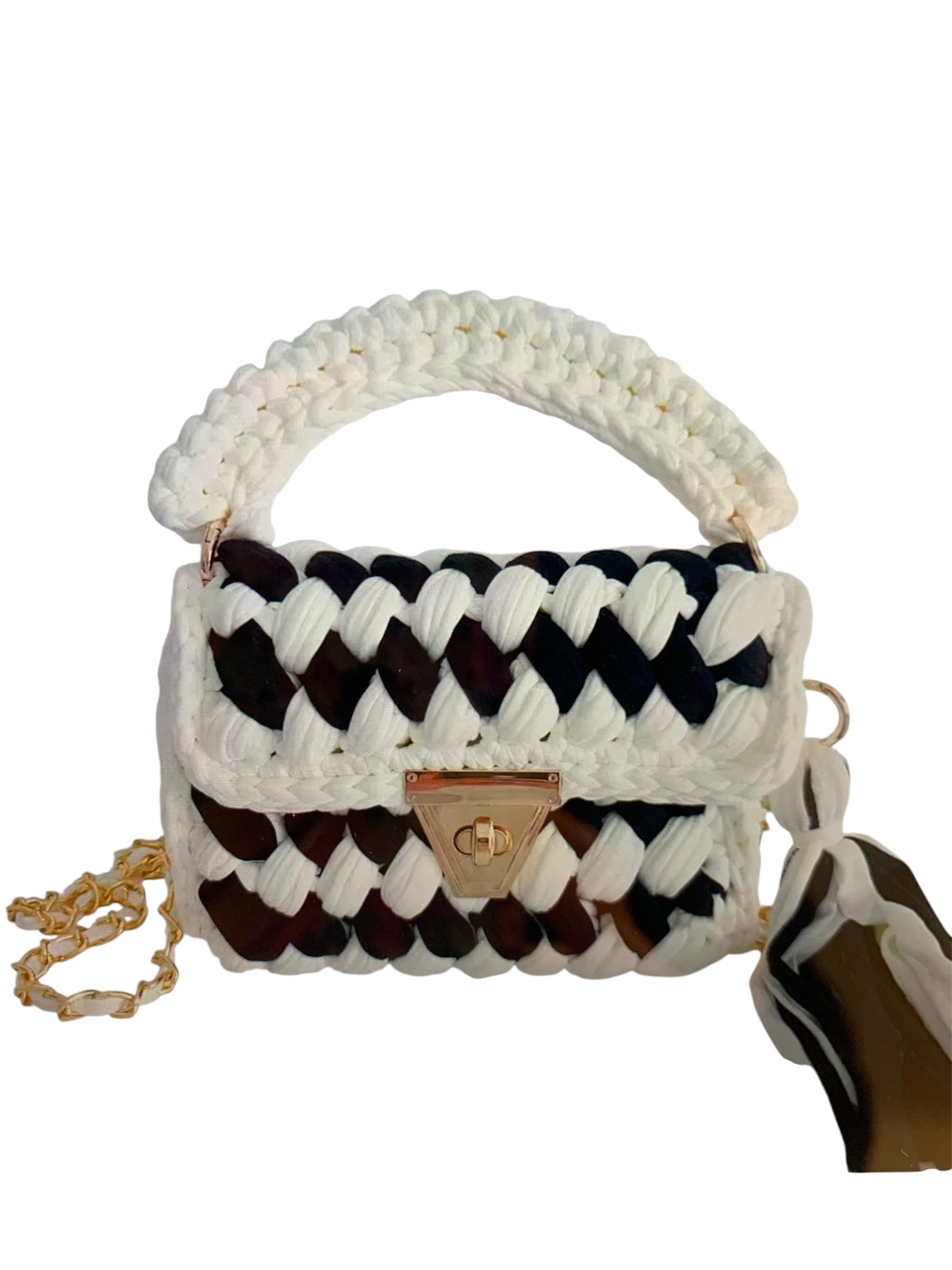Woven handbag with a checkered pattern closeup