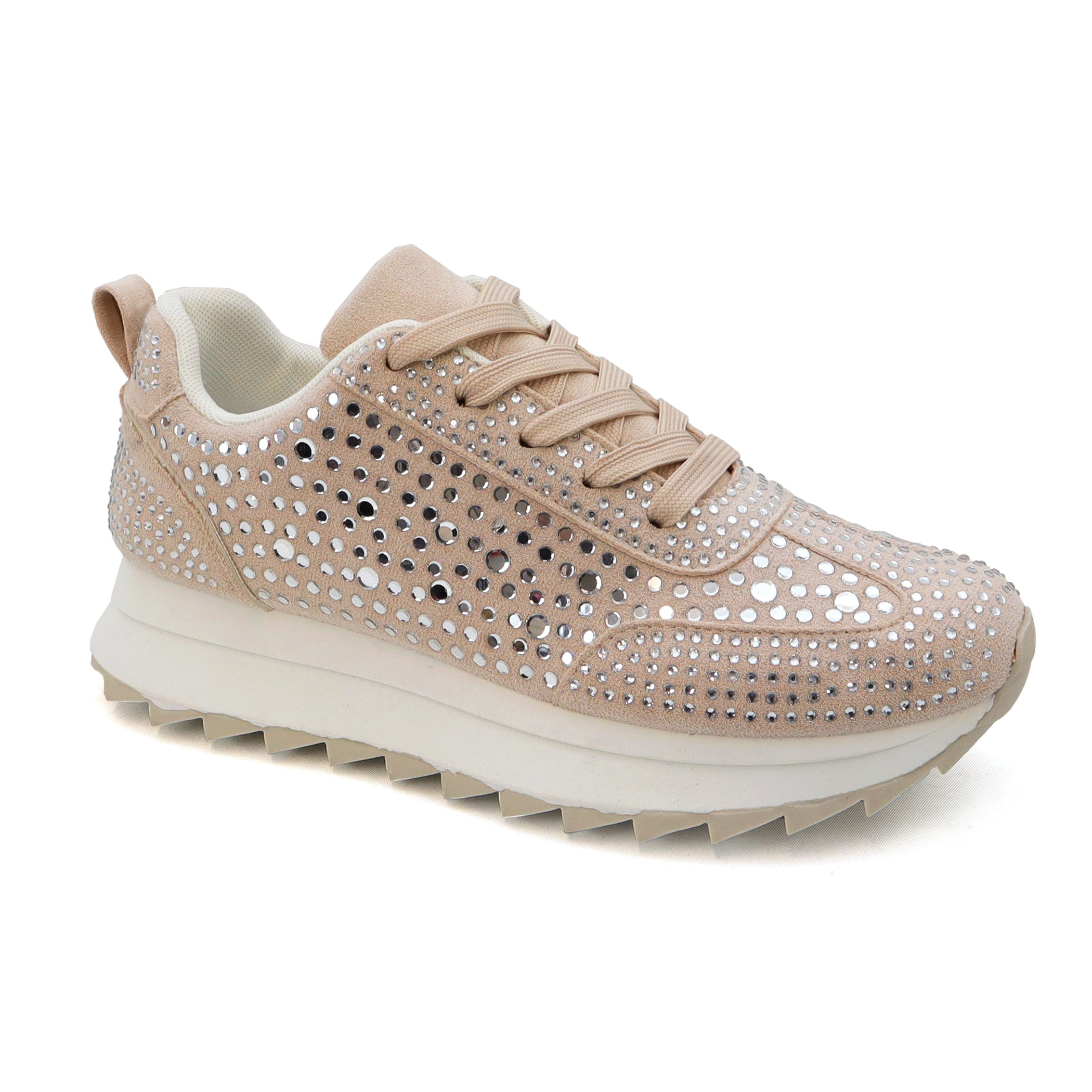 rhinestone studded fashion sneakers in beige close up