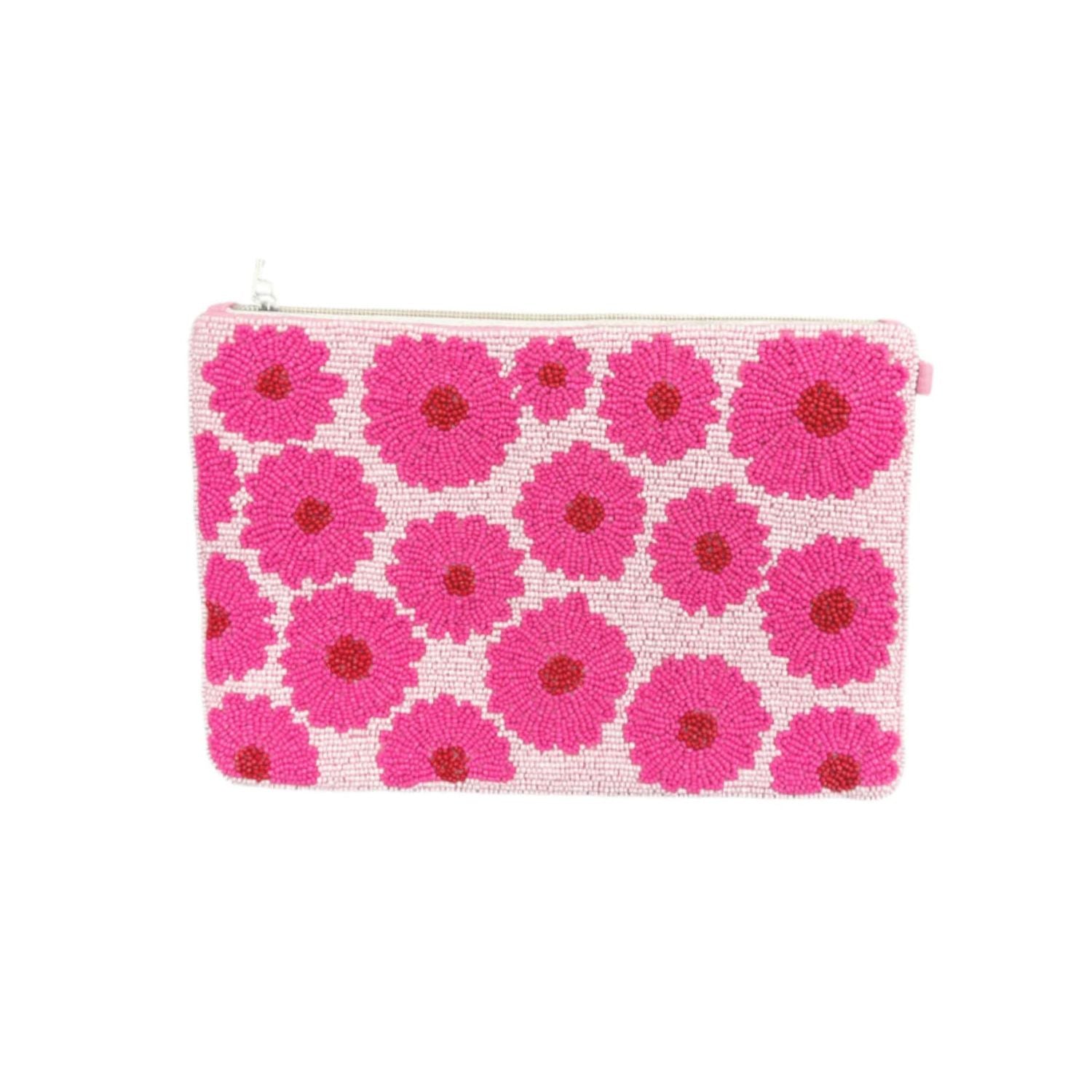 Colorful beaded pouch with pink floral pattern alt view