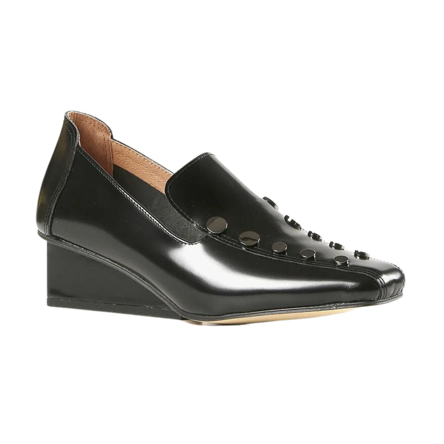 All Black Square Stud Wedge Loafer E044