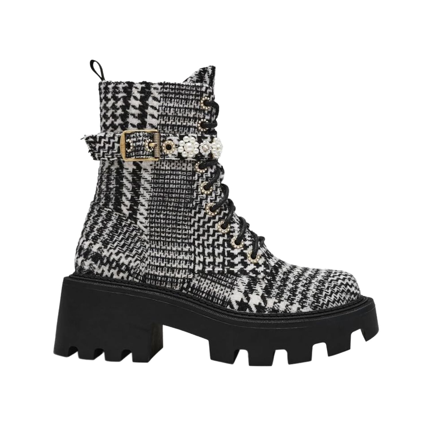 black and white houndstooth style design chunky heeled platform booth with pearl like embellishments on strap. Features side zipper and black shoe laces.