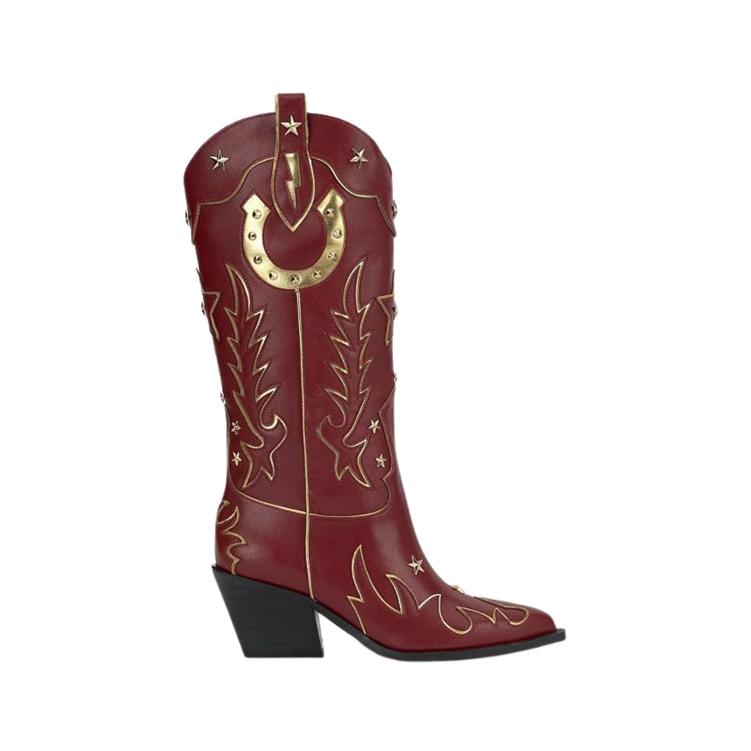 Red cowboy boot with gold embroidery on a white background