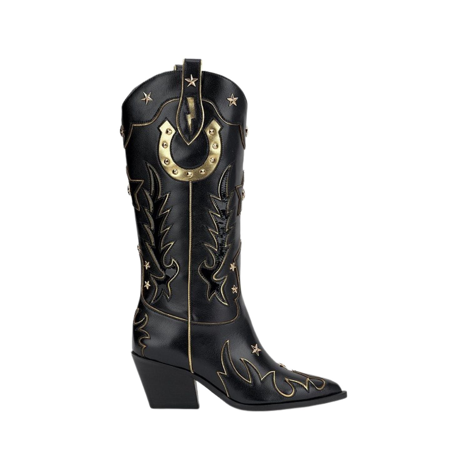 Black cowboy boot with gold embroidery on a white background