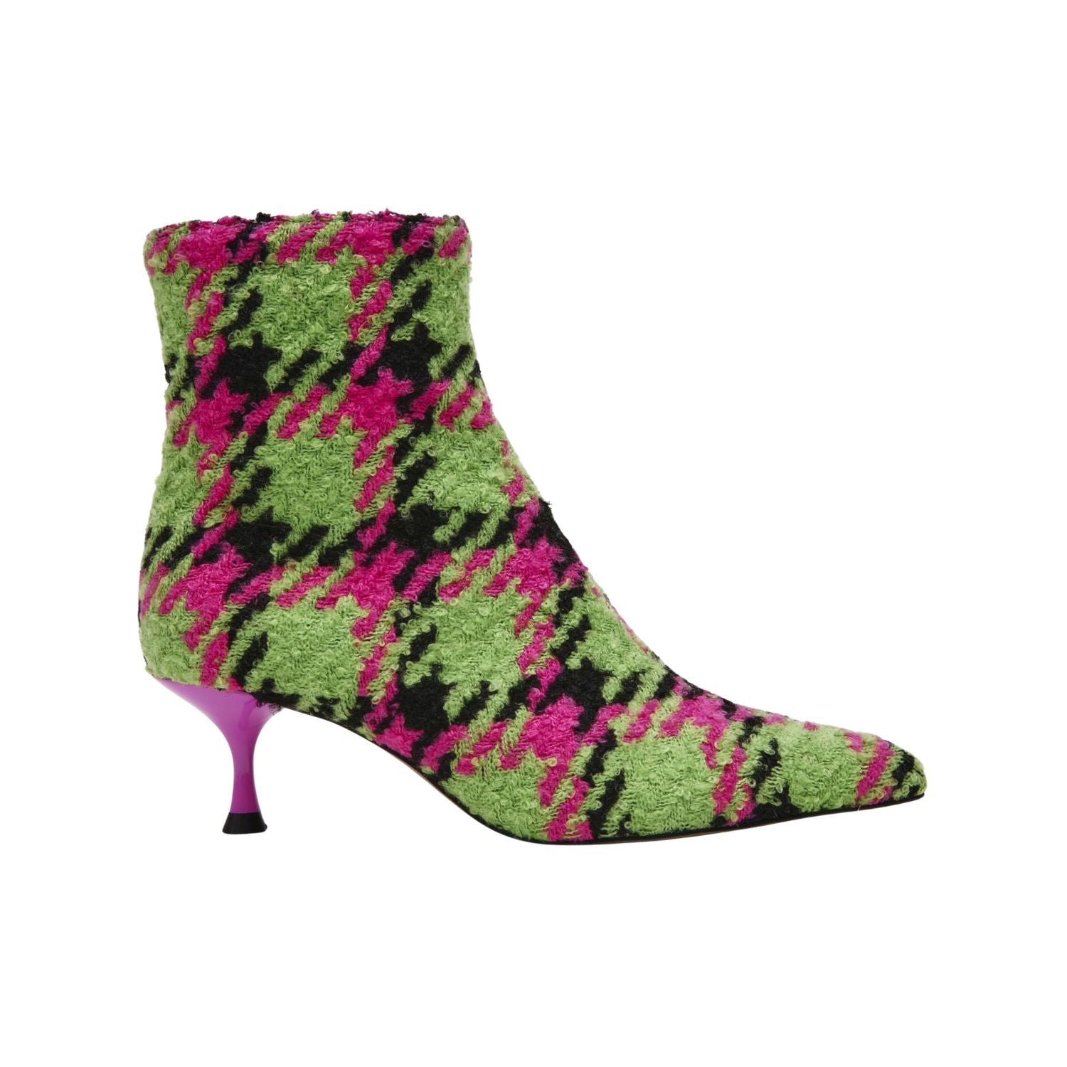 pink, green, and black houndstooth inspired kitten heel bootie by Betsey Johnson with side zipper 