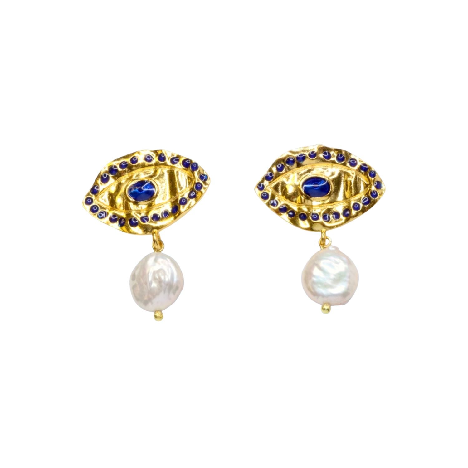 Gold colored eye shaped earrings with blue stones and pearl like accent drops on a white background