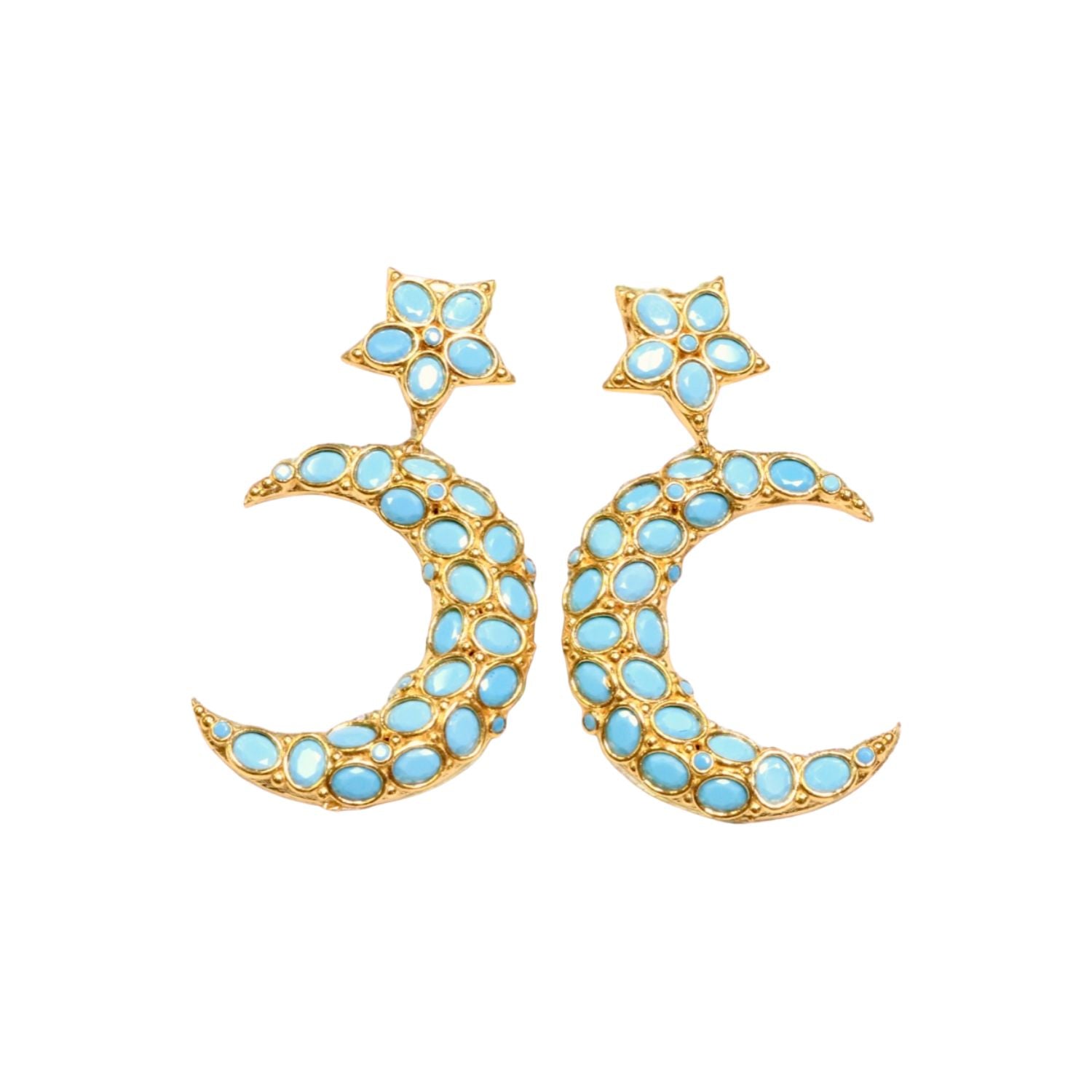 Gold and turquoise colored moon and star shaped earrings on a white background