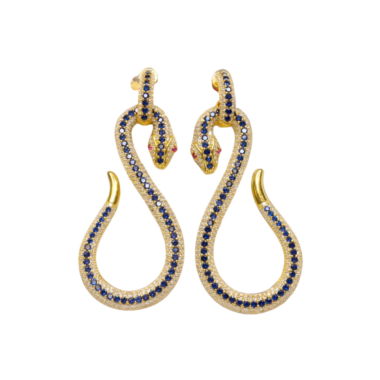 Gold snake-shaped earrings with blue and red crystals on a white background