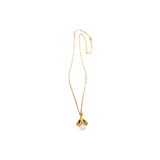 Gold colored necklace with a pearl like pendant and blue stone accents on a chain on a white background