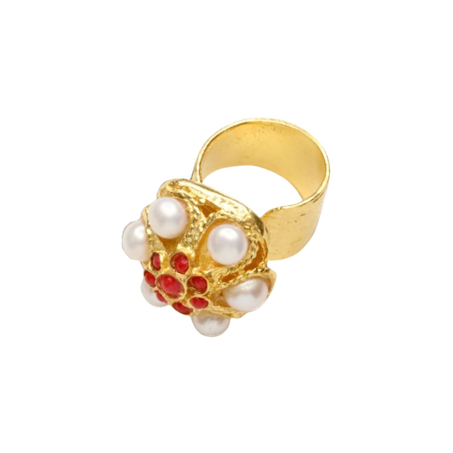 Gold colored ring with pearl like beading and red stone detail