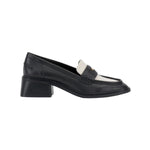 Black and cream colored leather loafer with heel