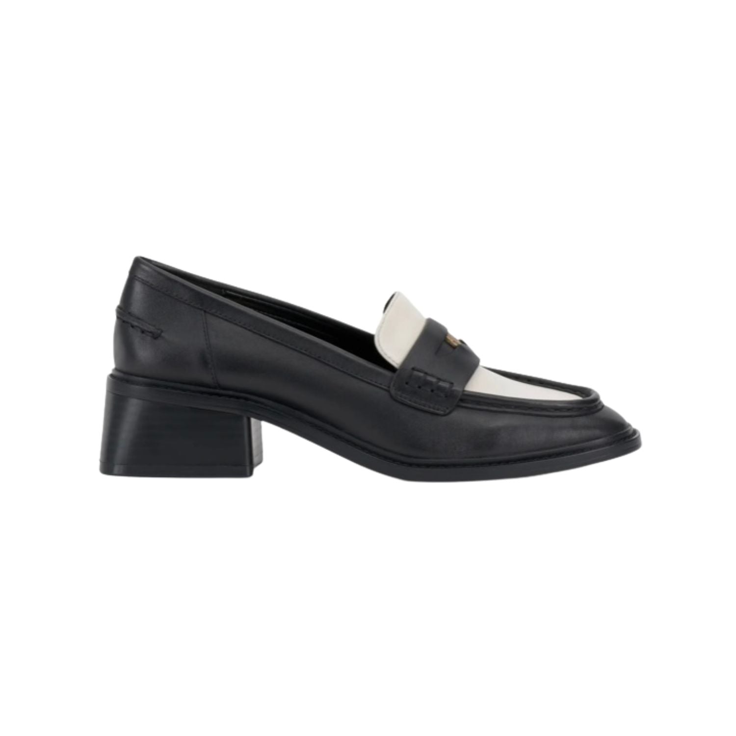 Black and cream colored leather loafer with heel