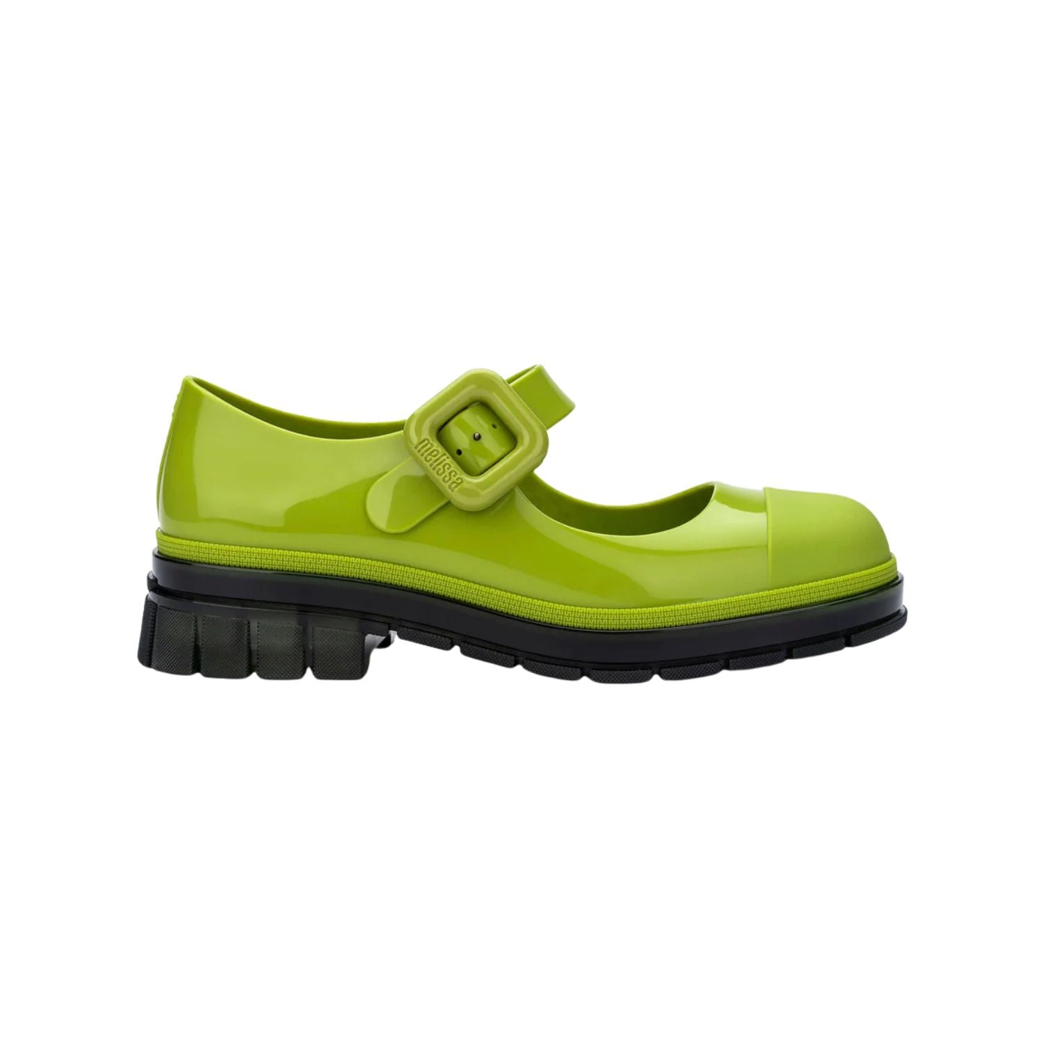 This Mary Jane by Melissa  features a bright green hue, slight heel, fun bubblegum scent, and large buckle detail 