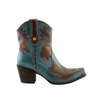 Blue cowboy boot with floral patterns on a white background
