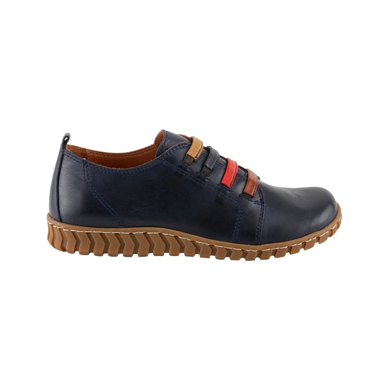 A navy blue leather shoe with a brown textured sole and decorative brown, red, and black strap details across the vamp, shown in a side profile on a white background.