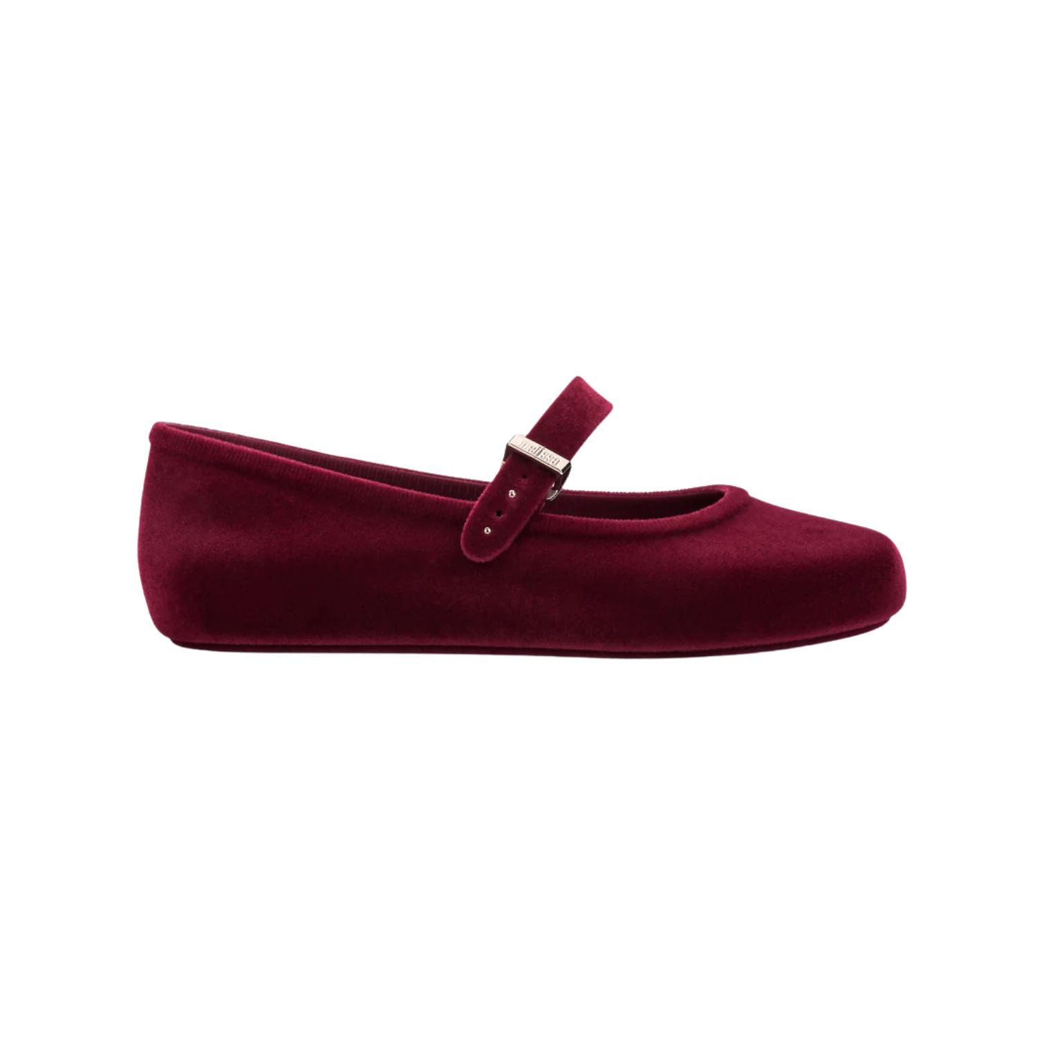 Melissa Soft Ballerina Velvet flat in red. Classic women's ballet flat features flocked finish, mimicking velvet, a fun bubblegum scent, adjustable buckle strap, and rounded toe.