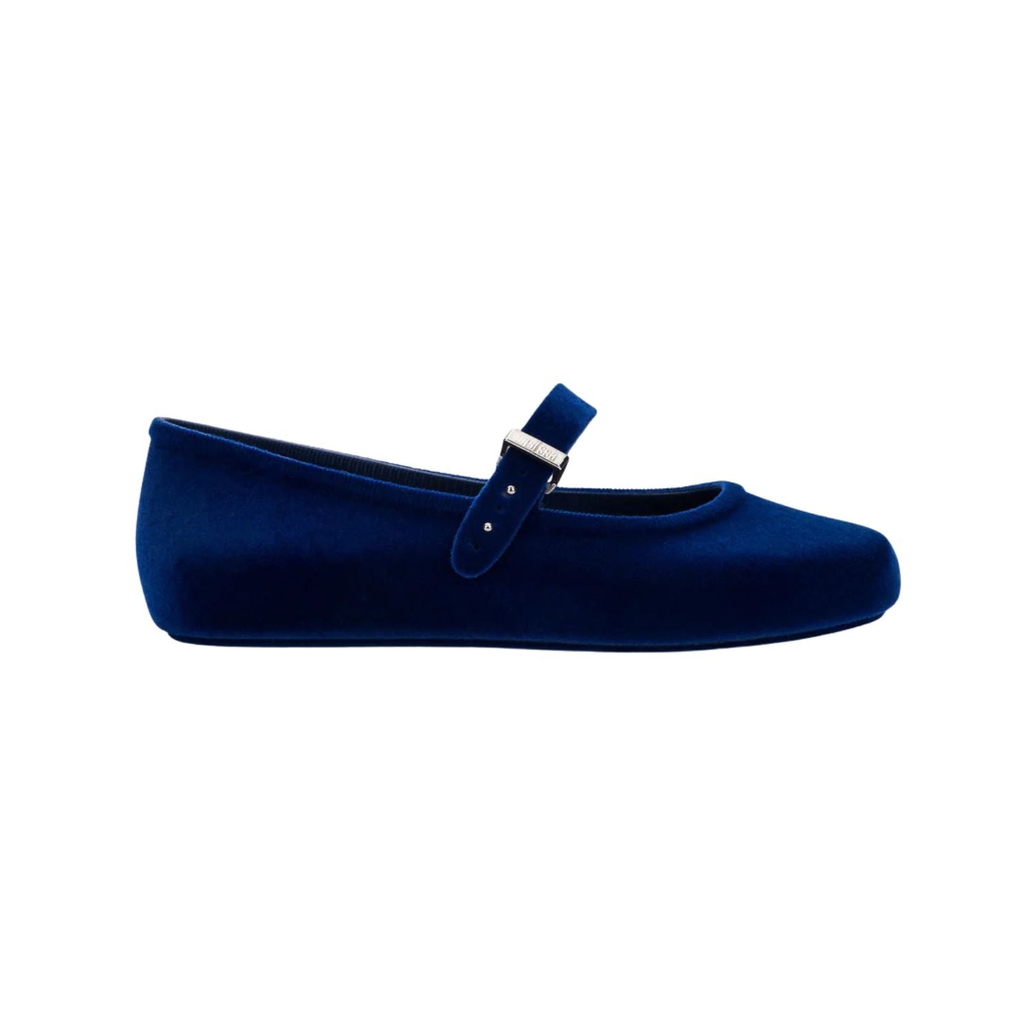 Melissa Soft Ballerina Velvet flat in deep blue. This classic women's ballet flat features a flocked finish, mimicking velvet, a fun bubblegum scent, adjustable buckle strap, an rounded toe.