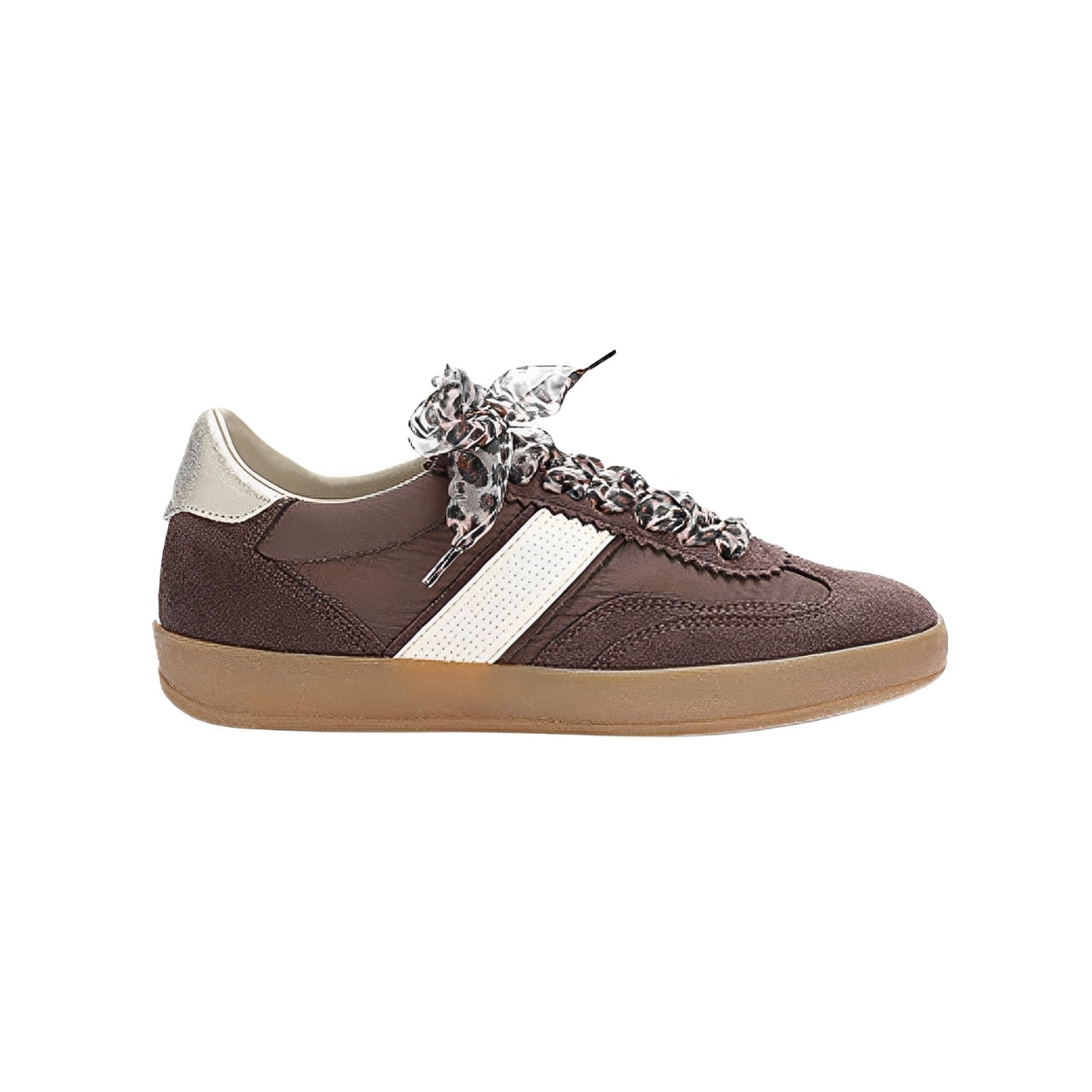 Brown sneaker with white strip detail and animal print ribbon shoe laces