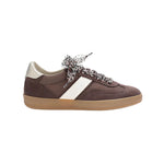 Brown sneaker with white strip detail and animal print ribbon shoe laces