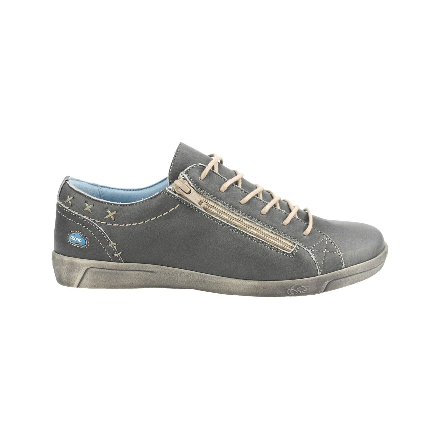 The CLOUD® Aika sneaker in dark grey features an Italian leather upper, contrast stitching, lace-up and side zip closure, round-toe silhouette, and flexible rubber outsole.