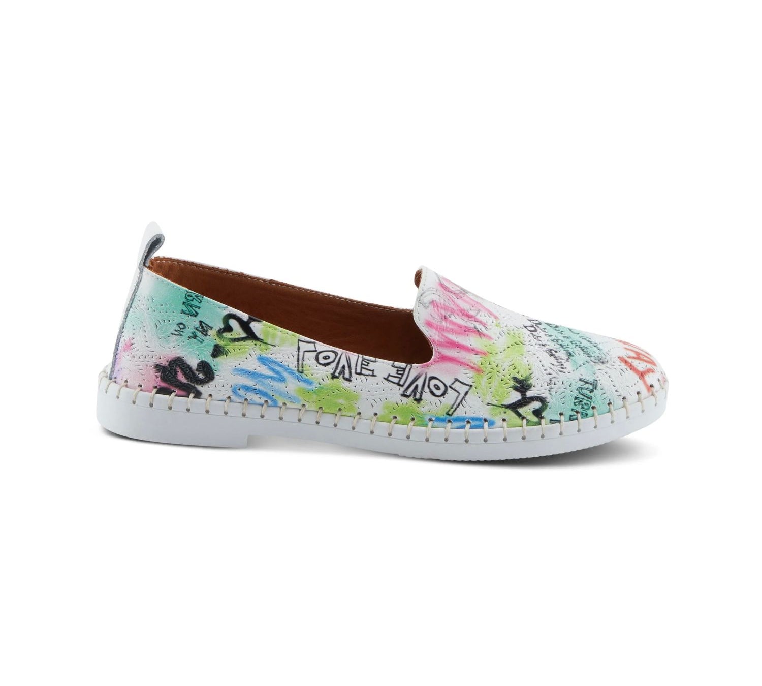 flat slip on comfort shoe loafer with graffiti inspired graphic print design